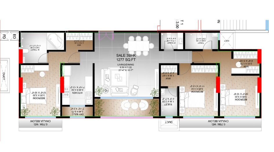 Vaswani-Utsahi-FLoor-Plan-3 BHK-1277 Sqft